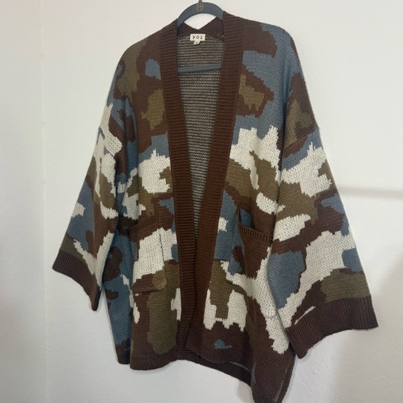 POL Neutral Camouflage open cardigan brown and blue with front pockets size L - Picture 2 of 12
